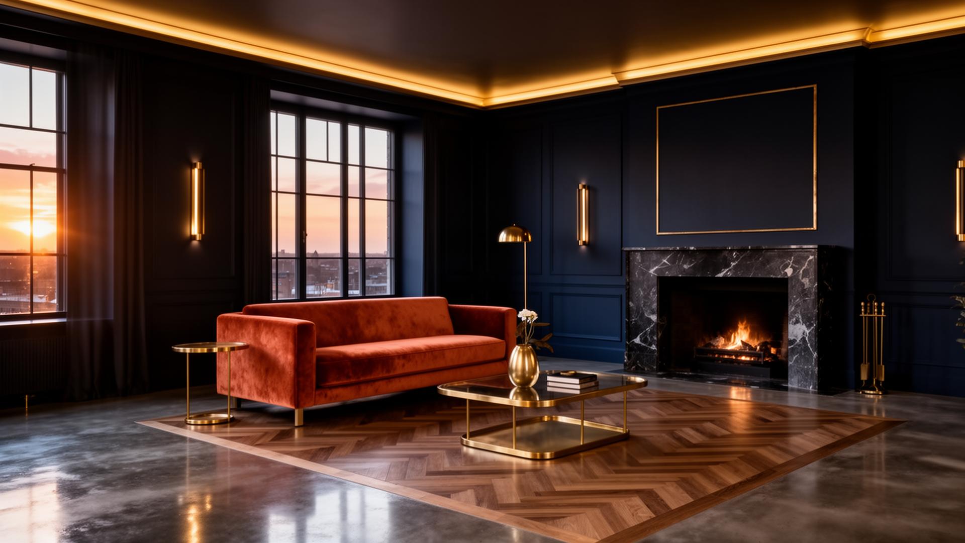 A luxurious dark living room transformed by Reverie's AI